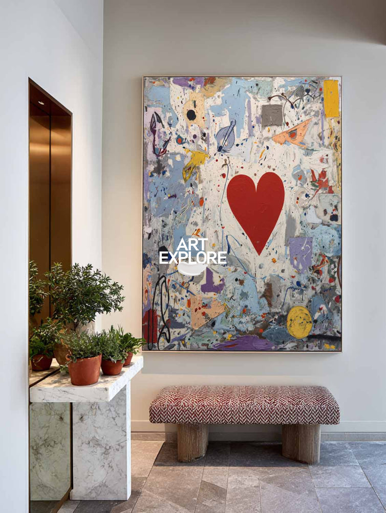 Vibrant Red Heart Abstract Painting Modern Art For Living Room Wall Decor