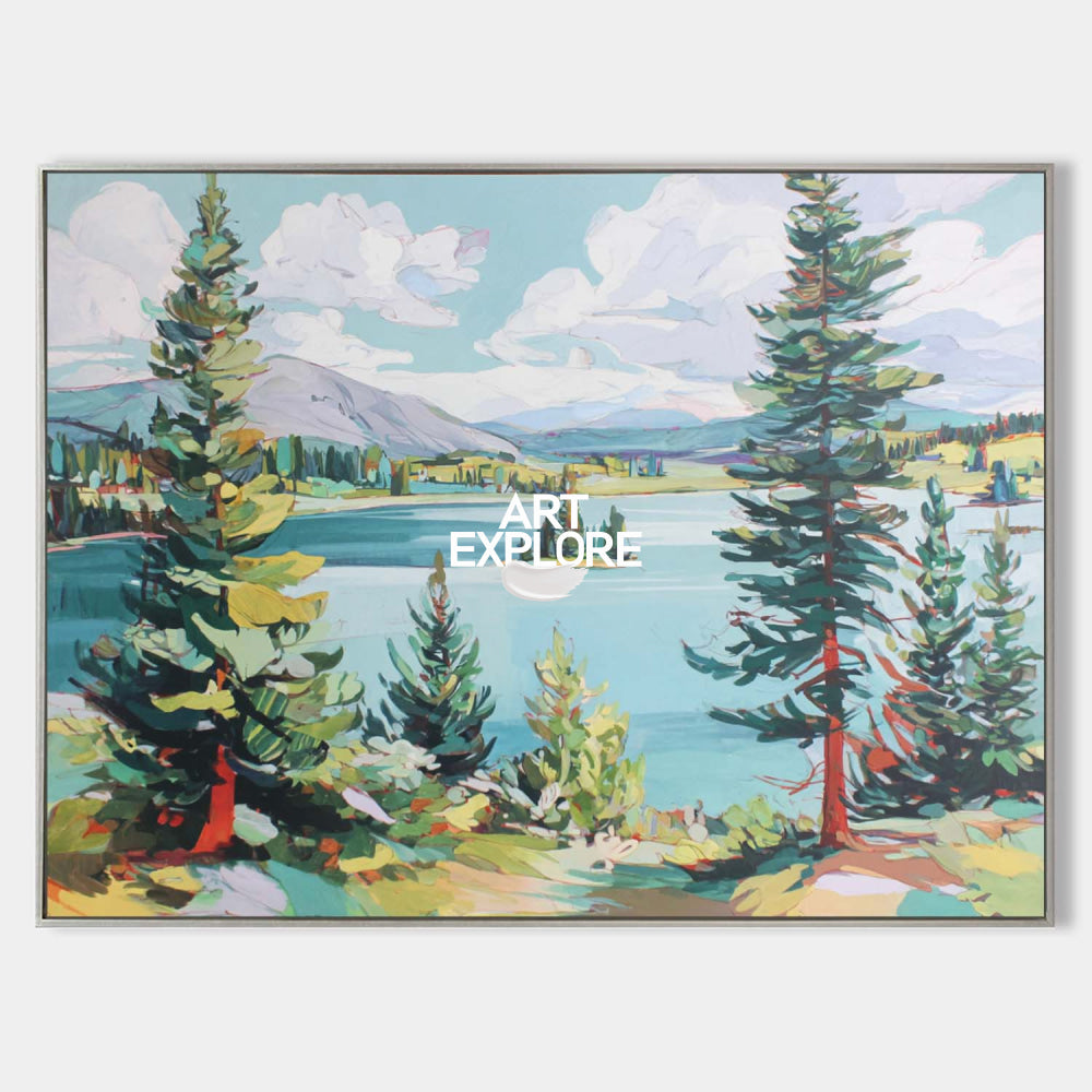 Abstract Green Landscape Painting With Trees And Lake For Modern Living Room Decor