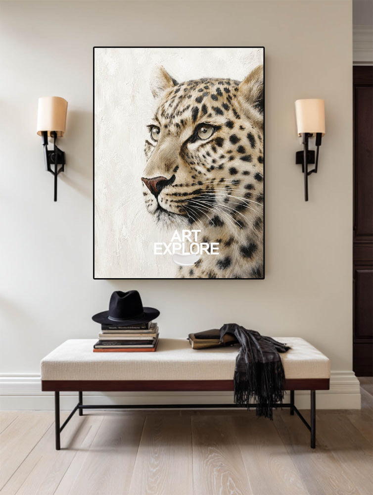 Modern Leopard Portrait Painting With Abstract Textures For Contemporary Living Room Decor