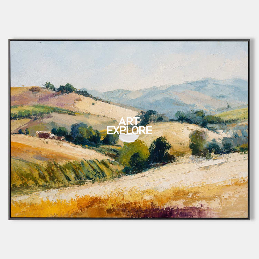 Golden Hillside Landscape Oil Painting With Textured Brushwork For Modern Living Room Decor