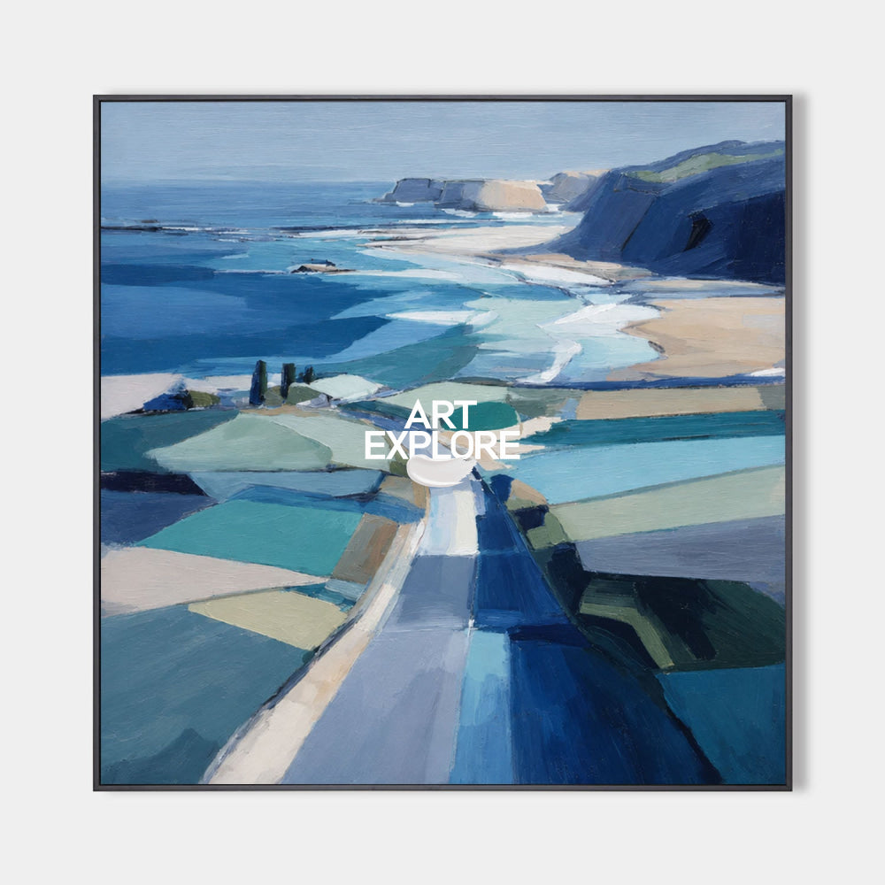 Abstract Blue Coastal Art Painting For Modern Living Room Decor With Ocean View