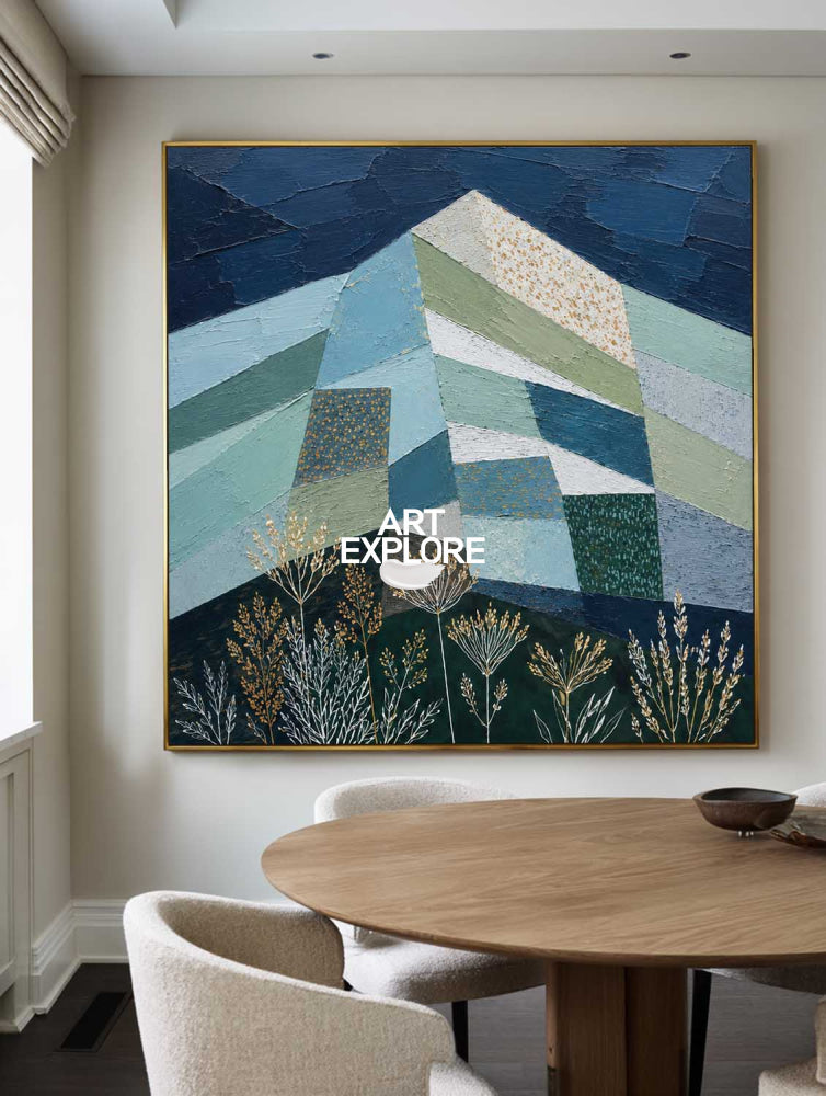 Geometric Mountain Art Painting Blue Green Gold Abstract Square Canvas For Modern Living Room Office Decor