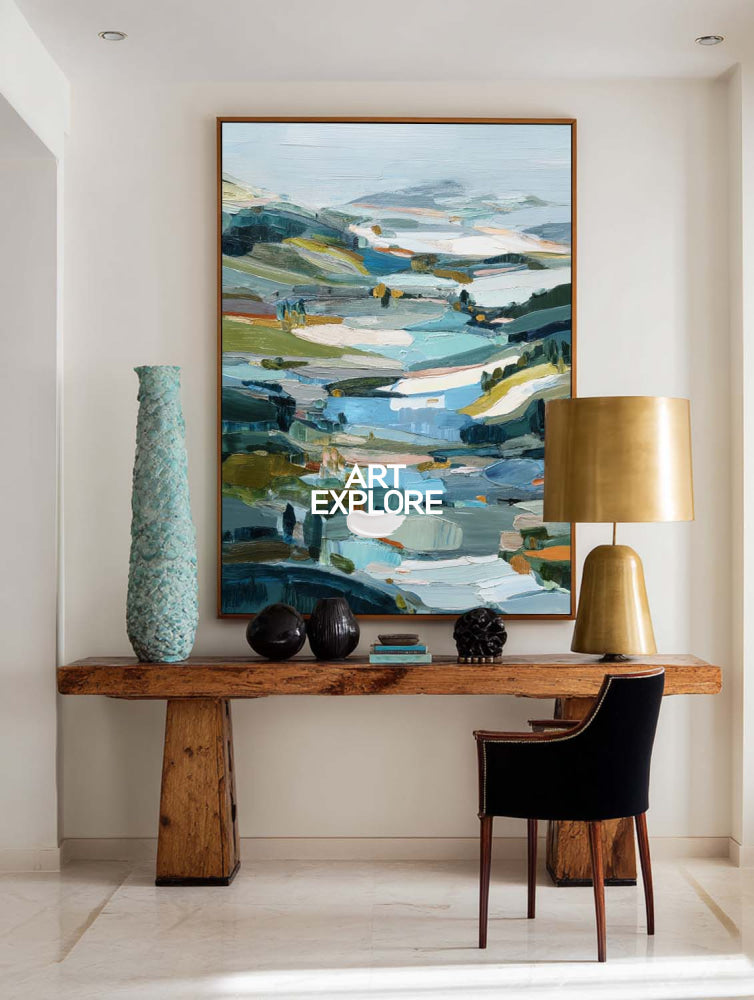 Original Textured Nature Art With Impasto Technique Blue Green Hills On Premium Linen Canvas