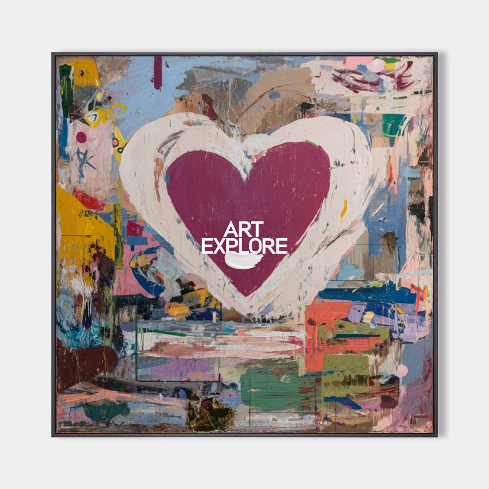 Textured Abstract Square Painting With Bold Heart Motif Contemporary Home Art