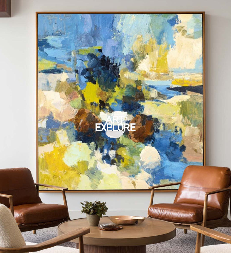 Vibrant Blue And Yellow Abstract Oil Painting On Linen Canvas For Modern Living Room Decor