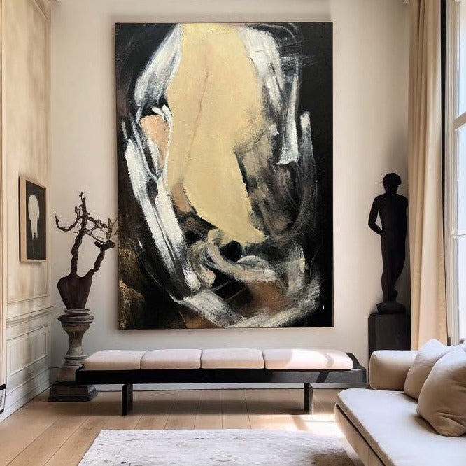 Modern Black Beige Abstract Painting Vintage Canvas Wall Art Black Beige Minimalist Abstract Art