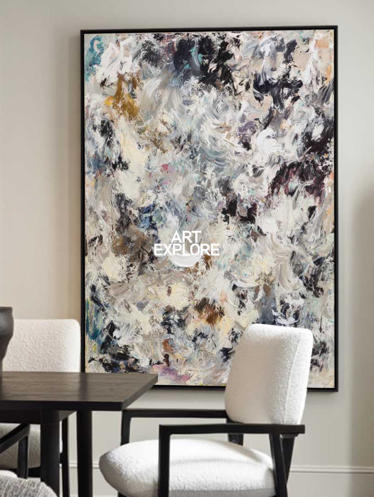 Modern Black And White Abstract Painting With Textured Impasto For Contemporary Living Room Decor