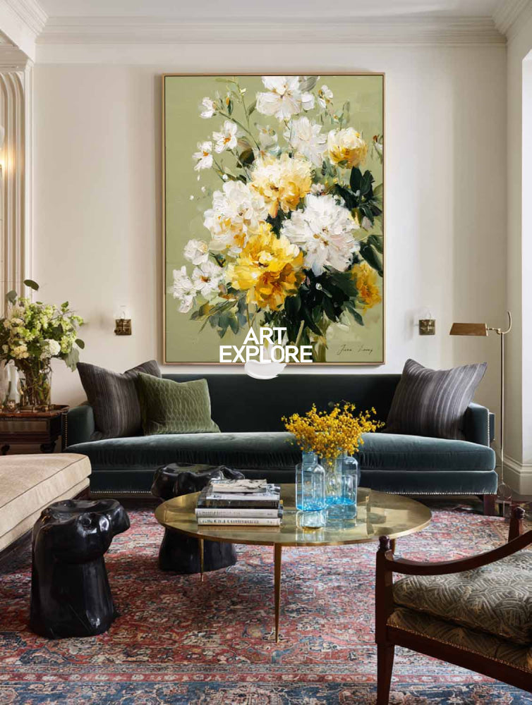 Contemporary Floral Oil Painting White Yellow Flowers Modern Wall Art For Living Room