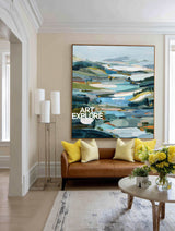 Original Textured Nature Art With Impasto Technique Blue Green Hills On Premium Linen Canvas