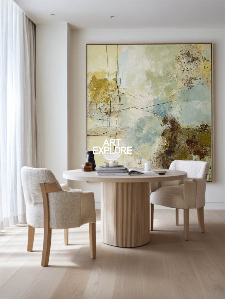 Abstract Modern Green Blue Beige Square Oil Painting On Linen Canvas For Living Room