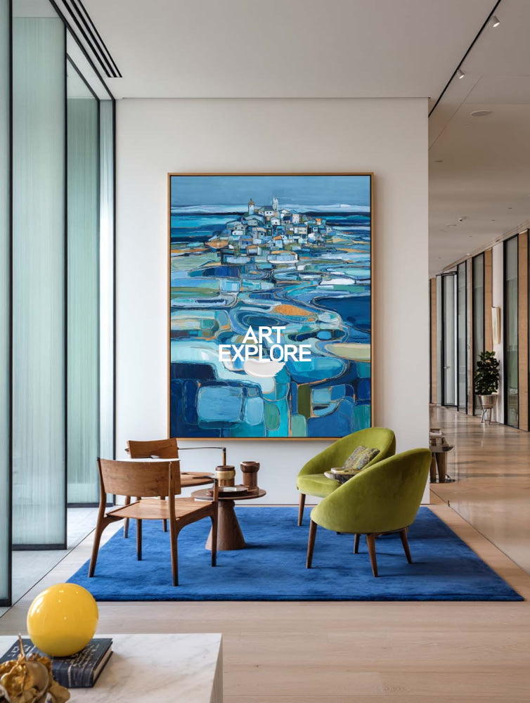 Blue And Orange Abstract Landscape Art With Textured Brushstrokes On Linen Canvas