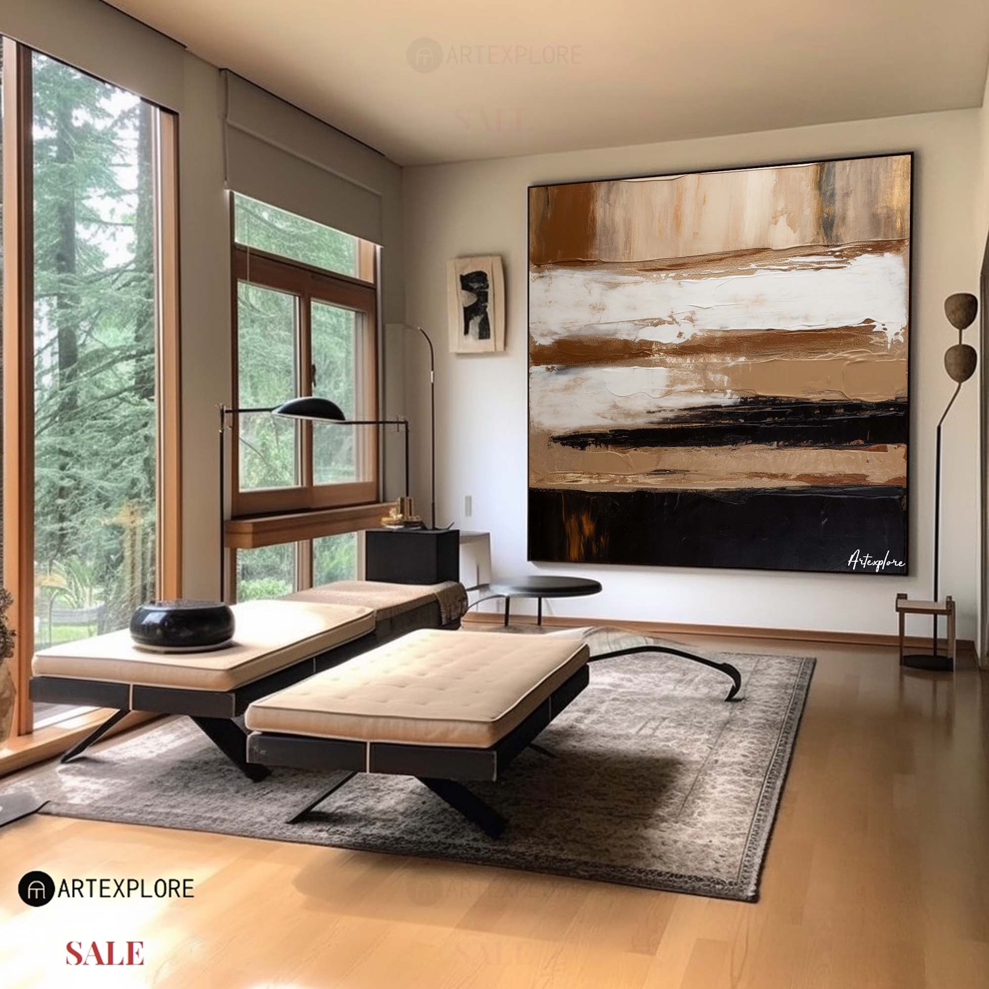 Wabi-sabi Black Brown Abstract Painting Thick Textured Wall Art Black Stripes Abstract Art Painting