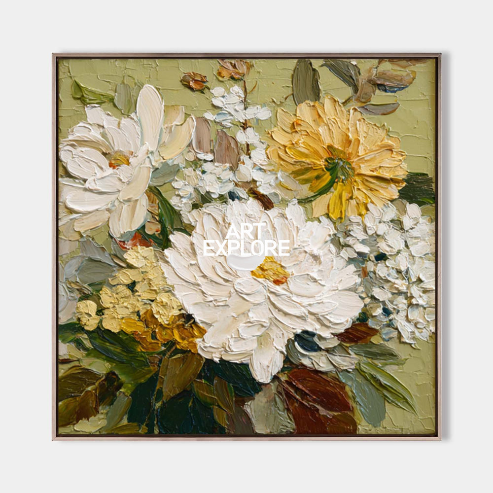 Large Textured Floral Oil Painting White And Green Abstract Art For Living Room