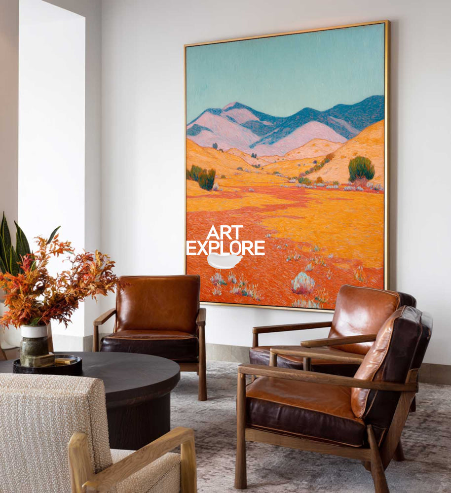 Abstract Desert Landscape Painting With Textured Orange And Blue Hues For Modern Home Decor