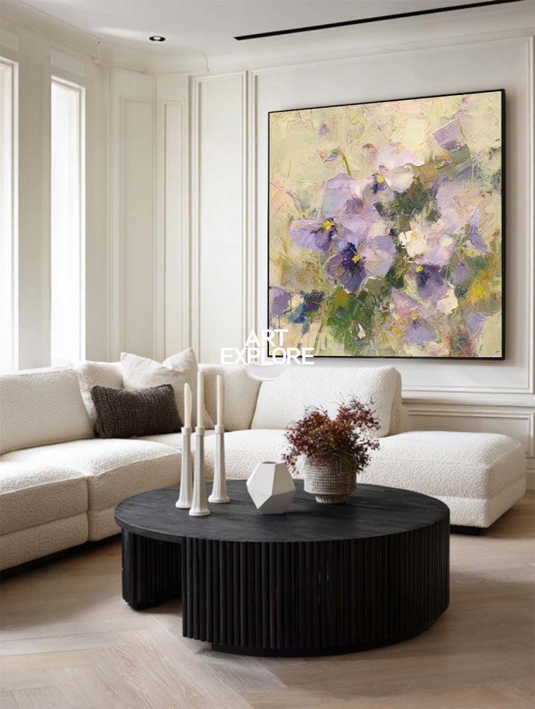 Purple Floral Textured Oil Painting Original Art For Modern Home Decor