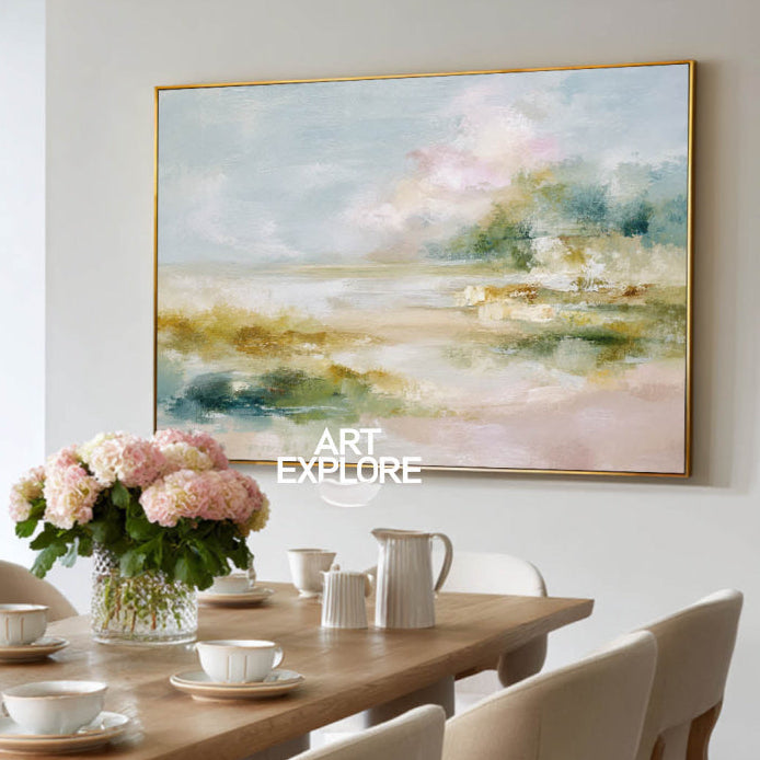 Abstract Coastal Landscape Painting With Textured Brushwork For Modern Home Decor