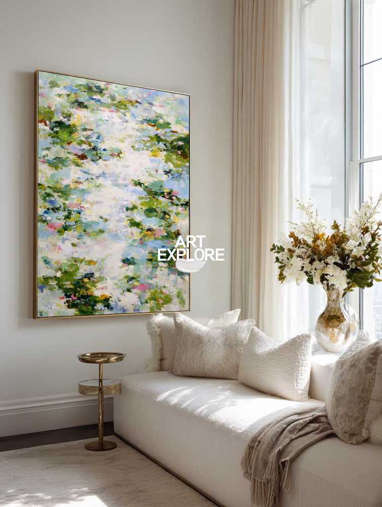 Original Botanical Abstract Art Green And White Floral Canvas For Bedroom
