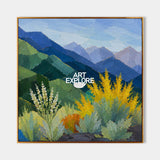 Modern Geometric Mountain Landscape Painting With Textured Blue Green Nature Art For Living Room Decor