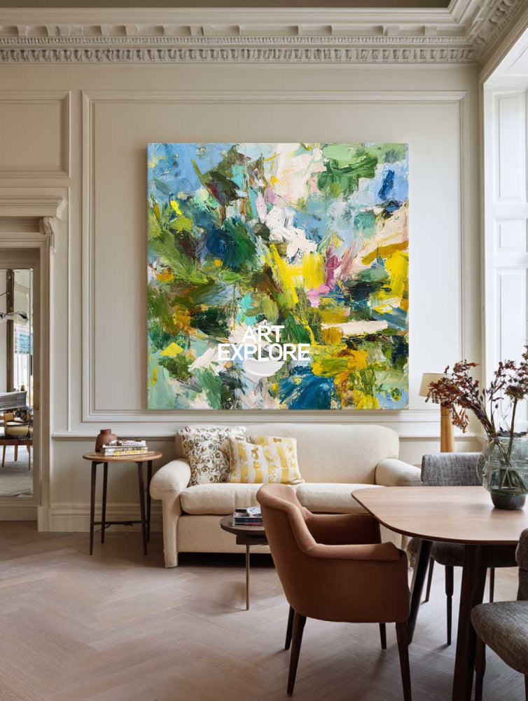 Vibrant Green Abstract Oil Painting With Impressionist Flair For Modern Home Decor