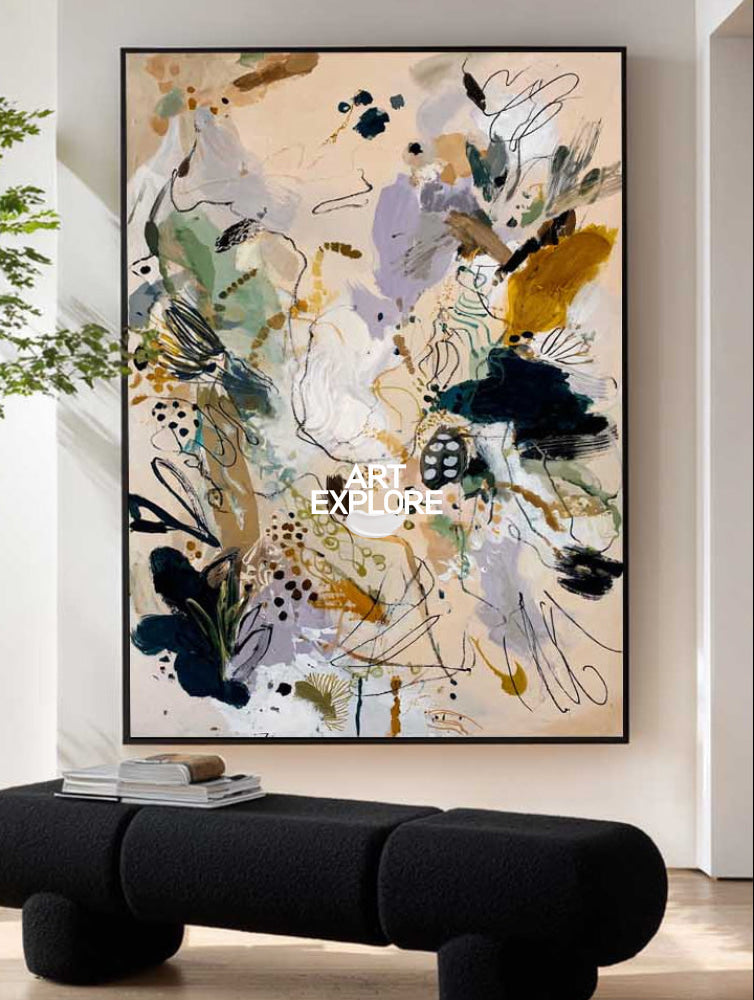 Contemporary Abstract Art Painting In Beige And Gold For Modern Living Room Decor