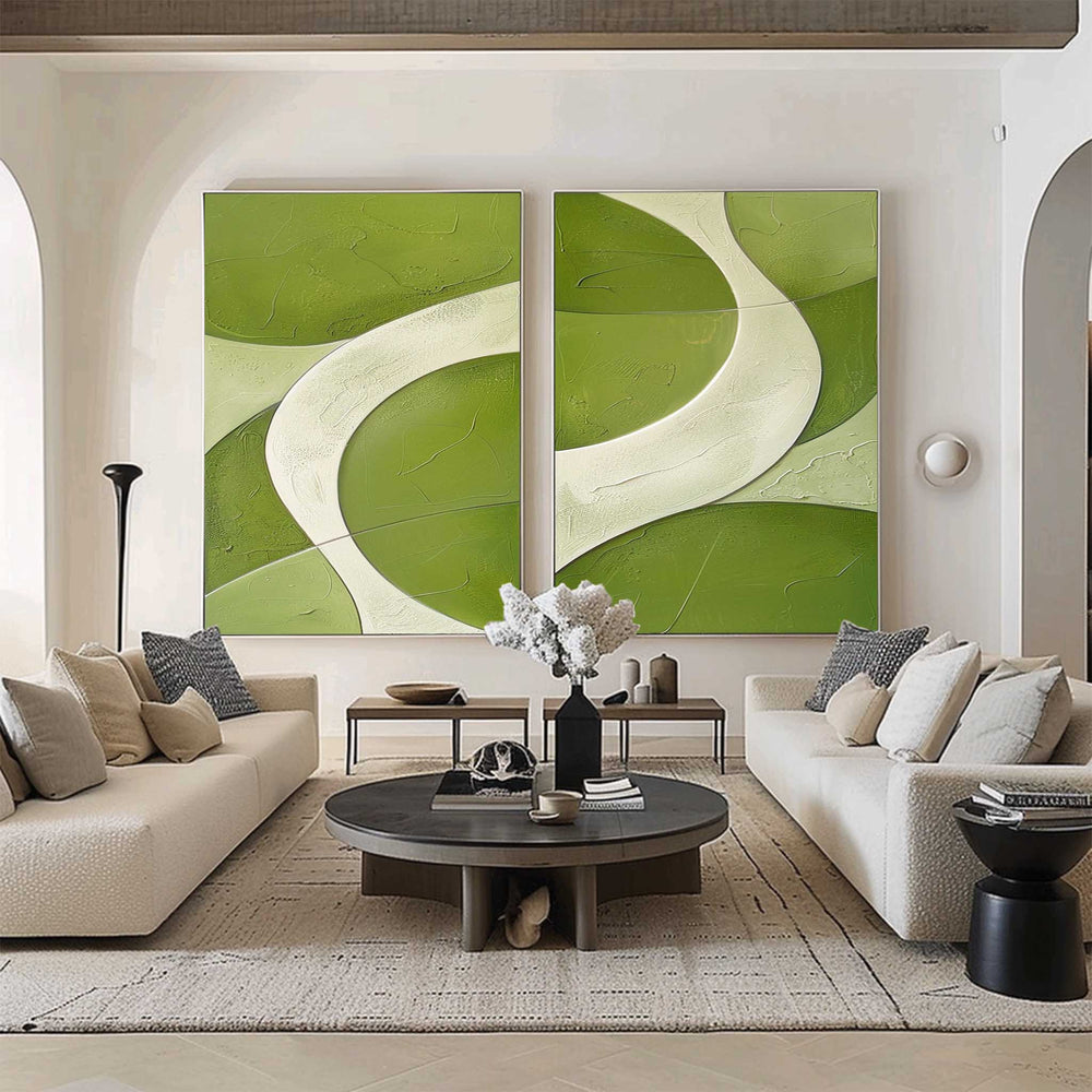 White And Green Diptych Painting 2 piece Minimalist Art Abstract Canvas Wall Art For Living Room