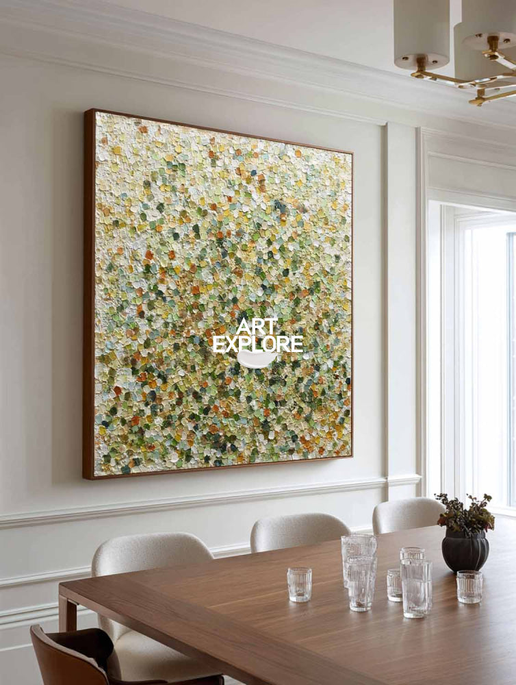 Modern Green Abstract Pointillist Art With Textured Canvas For Living Room Decor