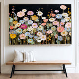 Modern Abstract Floral Painting With Gold Accents On Black Canvas For Living Room Decor