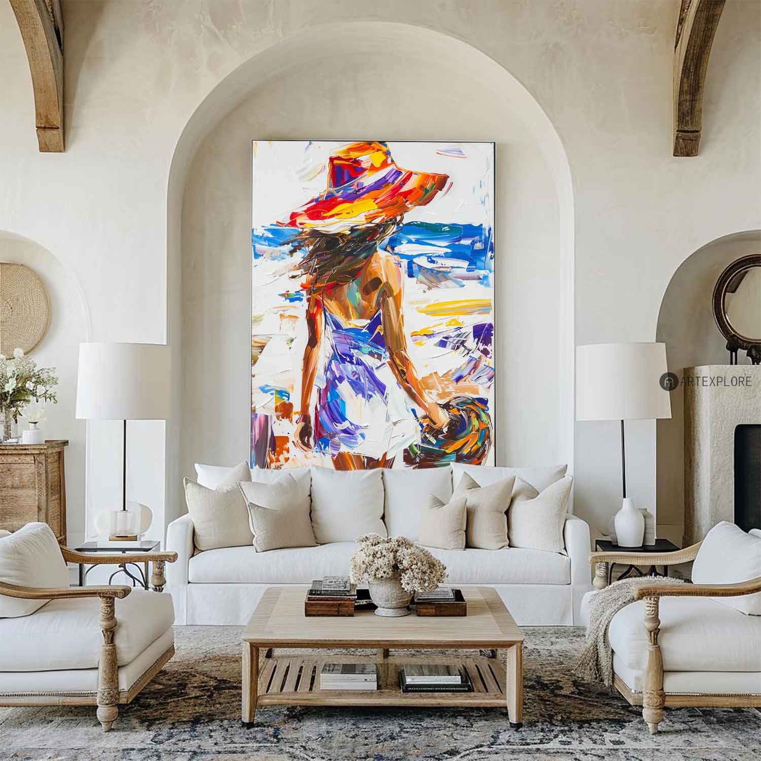 Original Abstract Woman In White Dress Oil Painting,Minimalist Colourful Apartment Decor,Beautiful Girl With A Hat