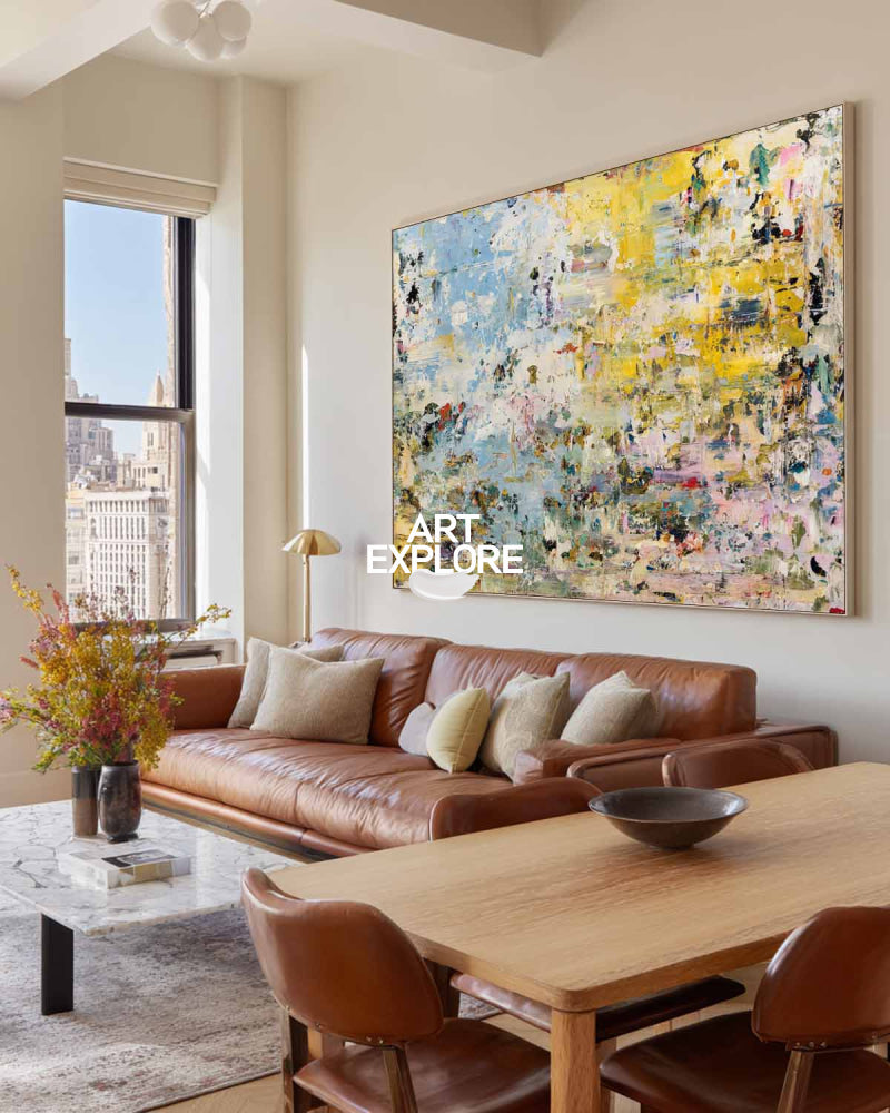 Modern Yellow And Blue Abstract Painting For Living Room Wall Art Decor
