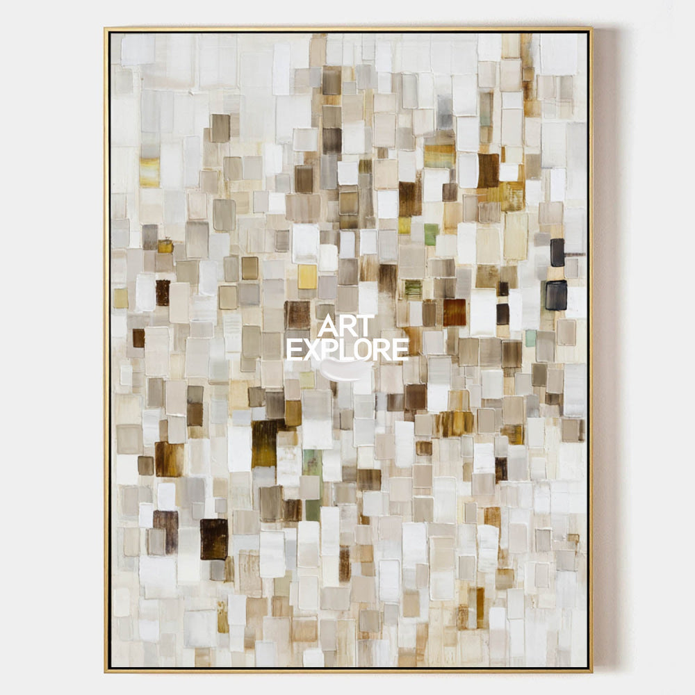 Modern Abstract Beige Painting With Mosaic Texture For Living Room Decor