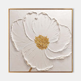 3D White Flower Painting Minimalist Plaster Art On Canvas Modern Flower Painting For livingroom