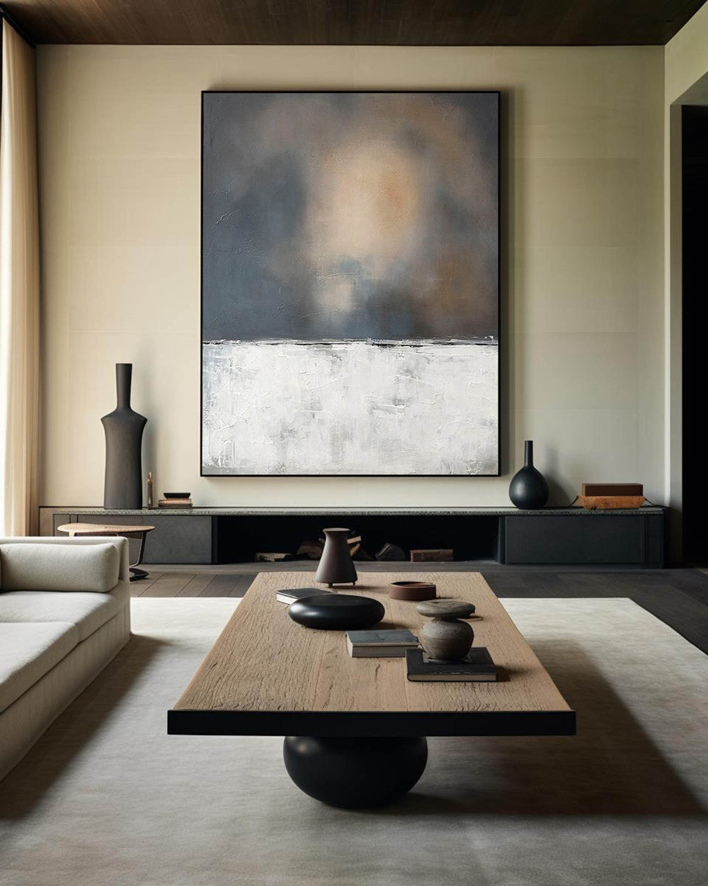 Wabi-sabi Minimalist Canvas Wall Art, Rothko Style Canvas Art Black White Acrylic Painting For Sale