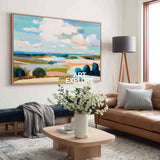 Contemporary Textured Landscape Painting With Blue Green Fields For Modern Home Decor
