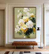Contemporary Floral Oil Painting White Yellow Flowers Modern Wall Art For Living Room