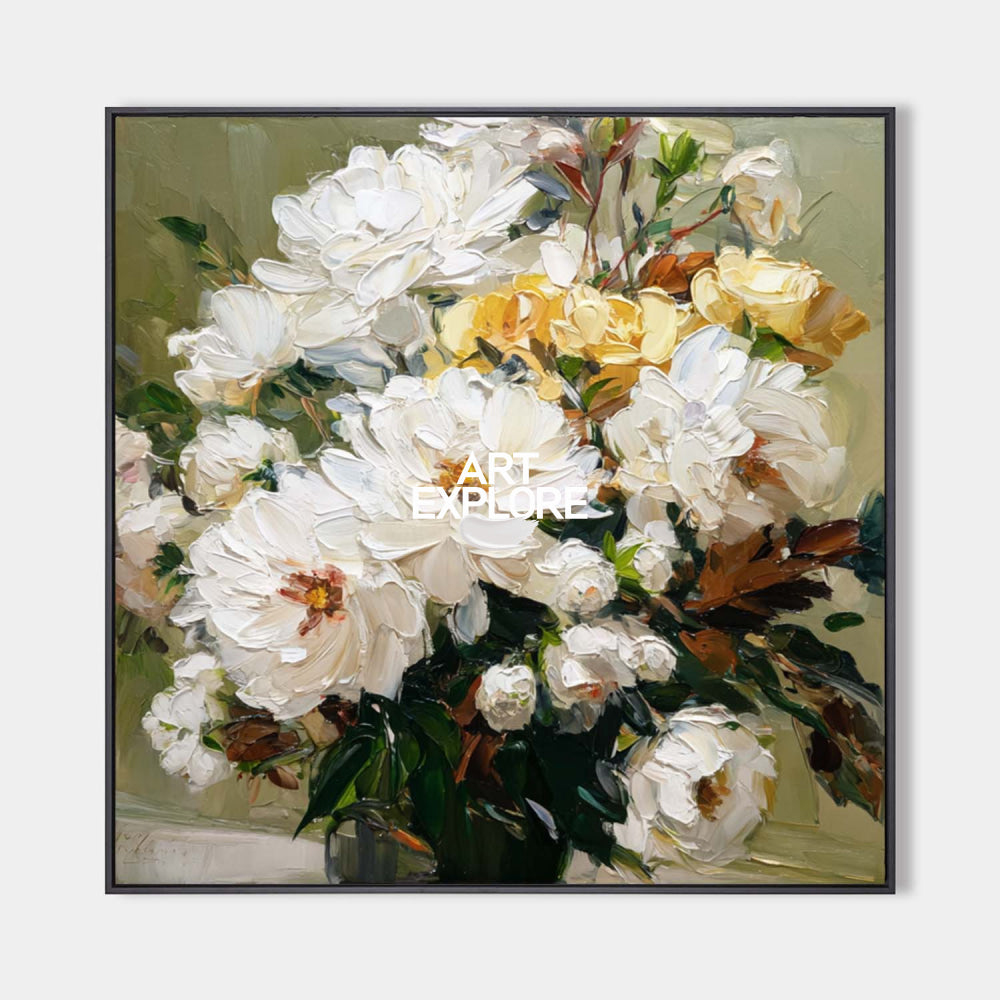 Textured White Peony Bouquet Painting Modern Floral Art For Living Room Decor