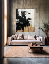 Modern Black Beige Abstract Painting Vintage Canvas Wall Art Black Beige Minimalist Abstract Art
