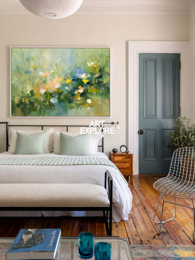 Textured Abstract Wildflower Painting In Green And Yellow For Modern Living Room Decor