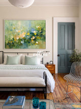 Textured Abstract Wildflower Painting In Green And Yellow For Modern Living Room Decor