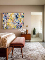 Modern Abstract Oil Painting With Yellow Blue Purple For Living Room Decor