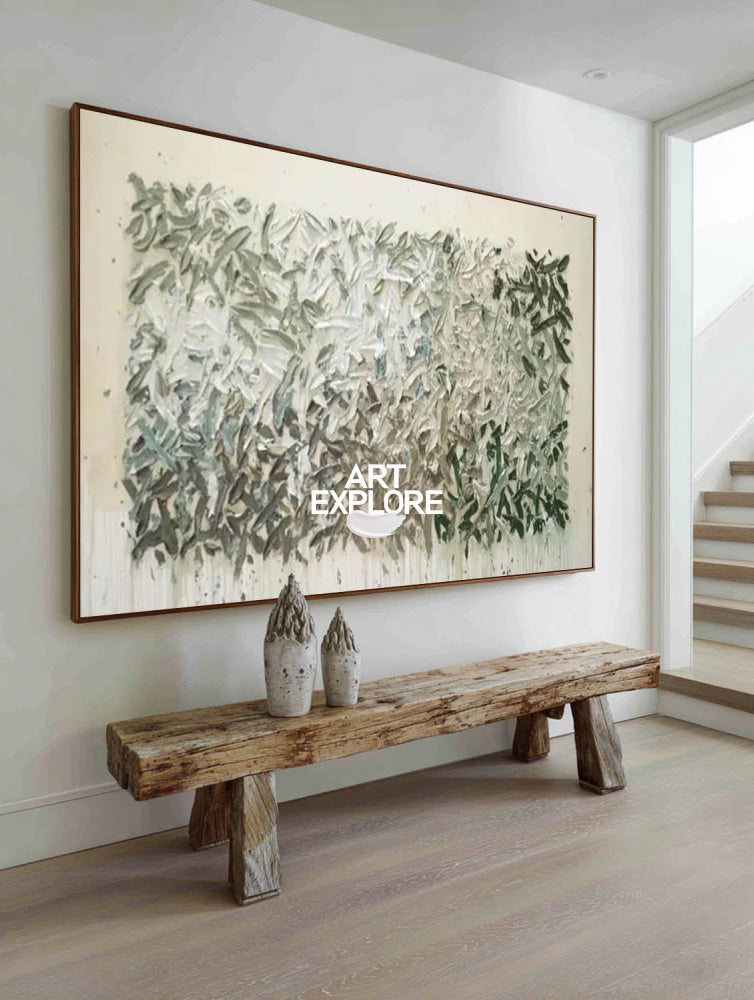 Large Green Abstract Painting With Textured Impasto For Modern Living Room Decor