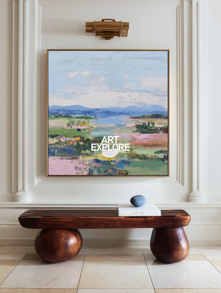 Modern Textured Landscape Painting With Colorful Meadow For Contemporary Home Decor