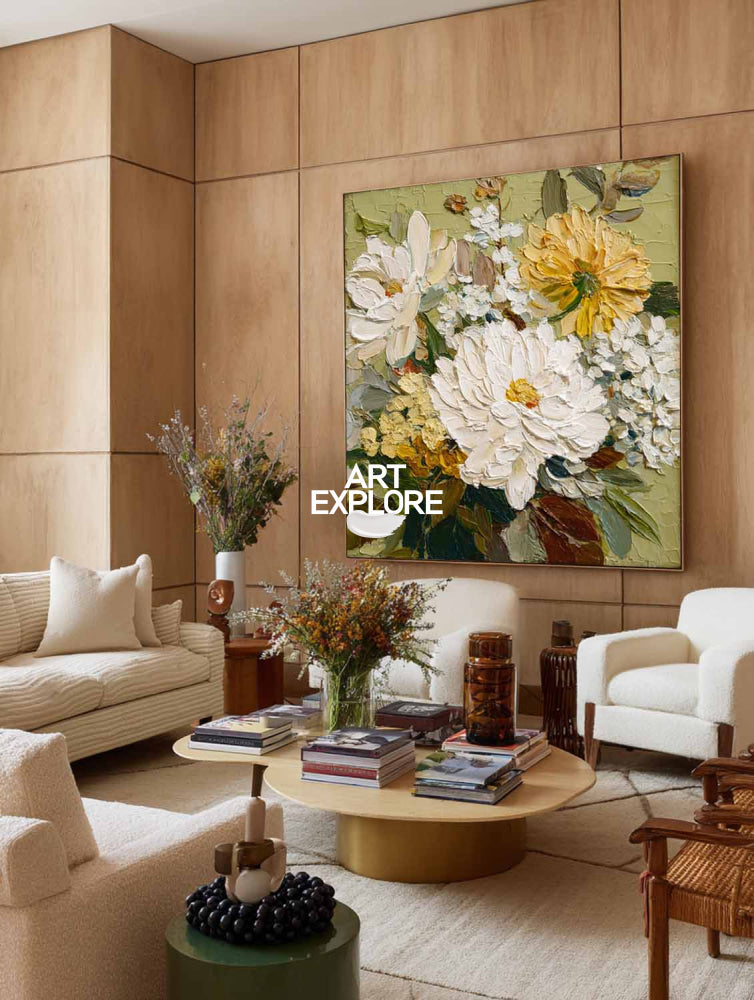 Large Textured Floral Oil Painting White And Green Abstract Art For Living Room