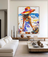 Original Abstract Woman In White Dress Oil Painting, Minimalist Colourful Apartment Decor, Beautiful Girl With A Hat