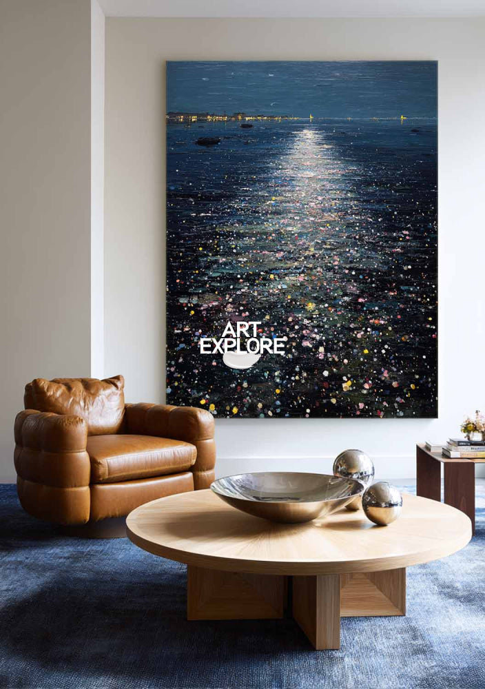 Abstract Moonlit Ocean Painting With Textured Blue Waves For Modern Home Decor