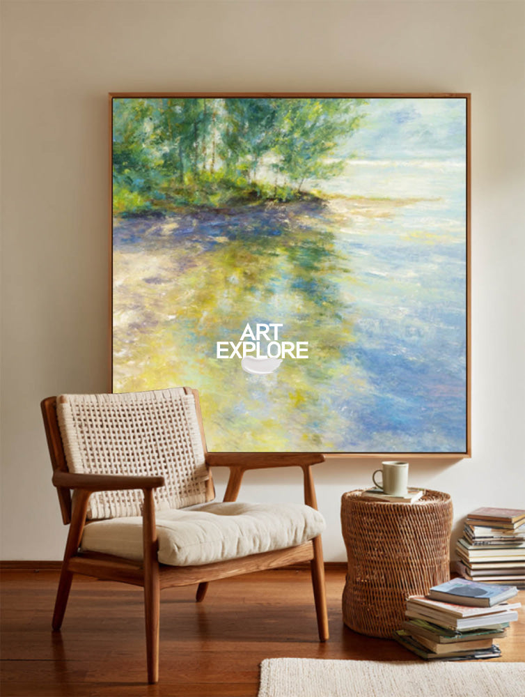 Textured Impressionist Lake Scene Oil Painting With Golden Accents For Modern Interior Design