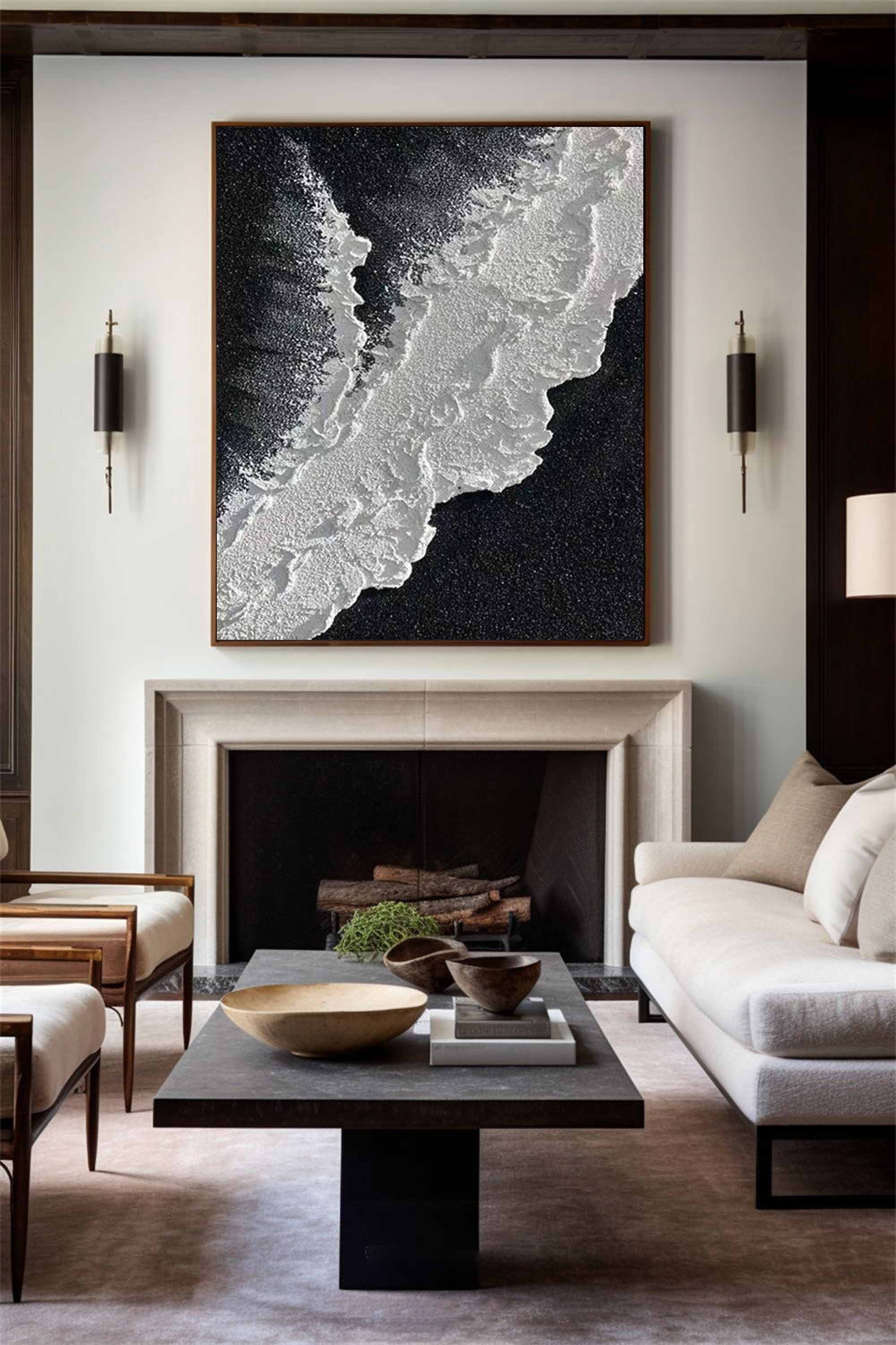 Black And White Plaster Painting Black Seashore Wall Art Painting Plaster Textured Art Painting