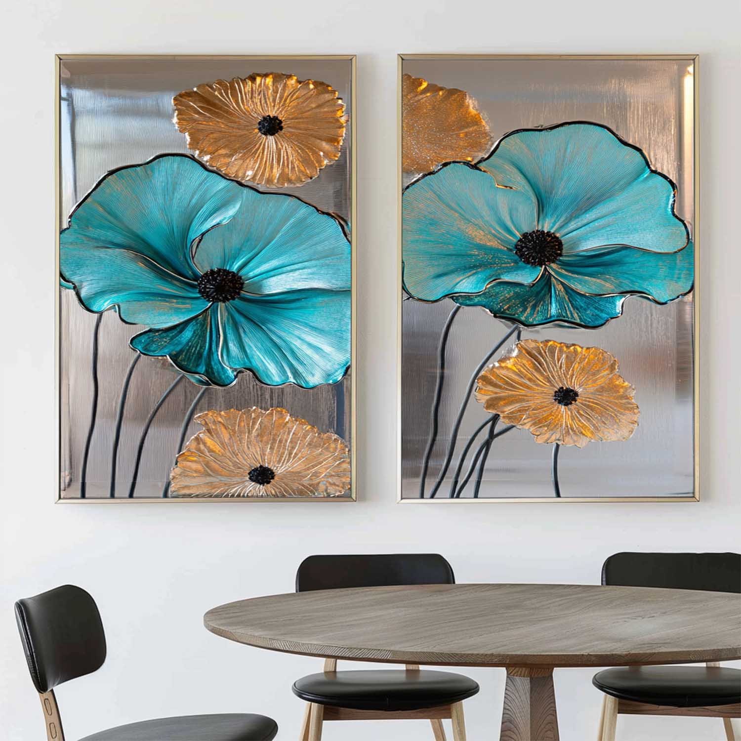Diptych Turquoise Flowers Art Painting, Set Of 2 Silver Color Rich Texture Art Large Abstract Wall Art