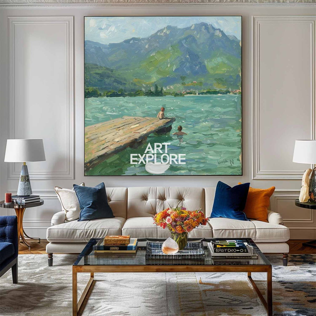 Modern Blue Lake Paintings Childhood Good Old Days Acrylic Painting Canvas Art For Livingroom