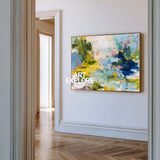 Large Abstract Impressionist Painting With Blue And Yellow Tones For Modern Living Room Decor
