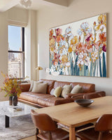 Modern Abstract Floral Art Painting With Teal Stems For Living Room Decor